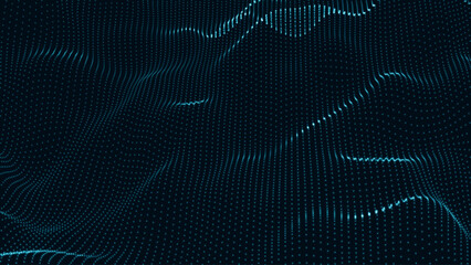 Poster - Wave of particles. Futuristic dots pattern on dark background. Big data digital code. Technology or Science Banner. 3D rendering. Vector illustration.