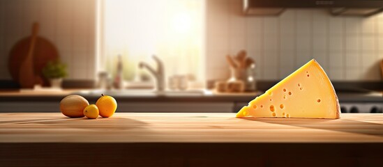 In the kitchen the white light illuminates the wooden table where a triangle of orange cheese sits on a yellow board showcasing a healthy cooking option for a balanced diet