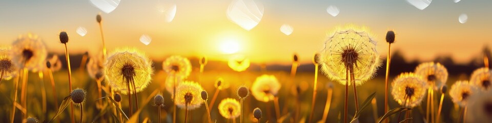 close-up macro dandelion flowers on meadow in nature in summer at sunset sunrise. Ultra wide banner format.