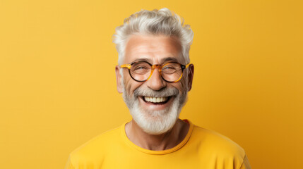 Wall Mural - Beautiful and happy blond hair senior man looking at camera isolated on yellow background