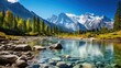 Panoramic photo of Colorful summer panorama of river with Mountain background