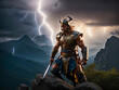 heroic or mythological scene of strong warrior with armor, helmet and sword on top of a mountain with lightning falling from the sky. AI generated