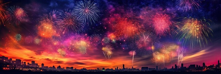 Wall Mural - Fireworks in sky over cityscape 