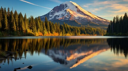 Panorama photo of mountain in morning light reflected in calm waters of lake.