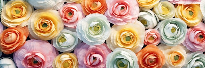 Canvas Print - Panoramic View of a Colorful Assortment of Roses and Ranunculus flowers , wallpaper