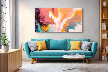 cheerful and happy mood living room idea of home decor design with colorful abstract painting art wall hanging picture, mockup idea