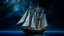 Big Sailing Ship With Night Sky Full Of Clouds And Stars, Sea With Small Waves