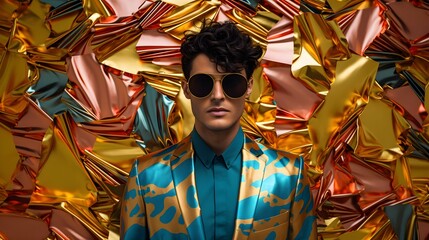 Wall Mural - Gentleman wearing black  glasses on luxury colorful background , Beautiful fictional male  model in colorful stylish fashion clothes and sunglasses