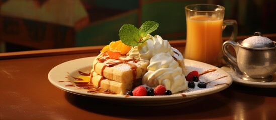 Wall Mural - In the vibrant background of the bustling restaurant a woman sat at a table indulging in a delicious and healthy breakfast People around her marveled at the assortment of food on her plate 