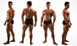 Four views of muscular shirtless male bodybuilder: back, front and profile shot, isolated on white background in studio shot