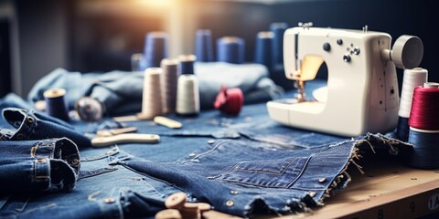 Handbag made from old jeans on dressmaker table. DIY, denim upcycling, using old jeans, upcycle denim stuff. Sustainable lifestyle, hobby, crafting, recycling, zero waste concept .