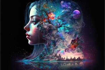 Wall Mural - Beautiful woman surrounded by a fantasy landscape