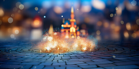 Poster - Happy new year background with street atmosphere and fireworks and bokeh with copy space. Holiday wallpaper concept. AI generated.