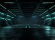 Empty underground warehouse garage with neon green led laser light. Sci Fi cyber dark room - glowing studio stage with reflective floor. Futuristic spaceship corridor or hangar with gate.