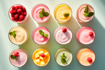 Wall Mural - A lot of different colored smoothies in tall glasses with leaves on them, top view of puree texture