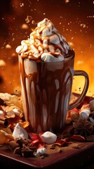 Canvas Print - Hot chocolate with whipped cream and marshmallows on a dark background. Generative AI.