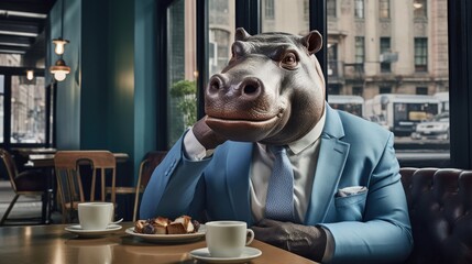 Poster - A hippo wearing a suit and sitting at a table in cafe. Generative AI.