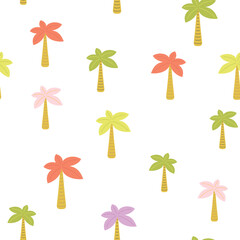 Wall Mural - palm tree trendy seamless pattern, flat vector design, tropical forest plants textile ornament, coconut palm trees on white, fashion textile print