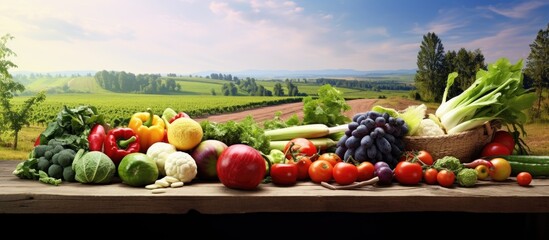 Sticker - isolated summer farm surrounded by picturesque nature a white table is set background with an abundance of colorful fruits and fresh green vegetables representing the perfect harmony between