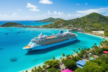 Aerial view of cruise ship sailing through tropical south seascape with paradise islands