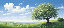 In The Serene Garden A Tree Stands Tall Against A Vivid Blue Sky Its Lush Green Leaves Intertwining With The Delicate White Floral Backdrop Of The Summer Landscape Adding A Burst Of Color A