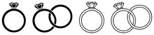 Wedding Ring Set Icon. Silhouette And Outline Illustration. Jewelry And Marriage Image. Gemstone Rings.