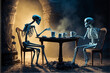 Two married skeletons sit with in their grave like cavern at a table having a steaming cup of coffee - AI Generative