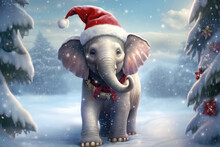 Adorable Baby Elephant With Santa Hat And Christmas Necklace, Snowflakes And Copy Space