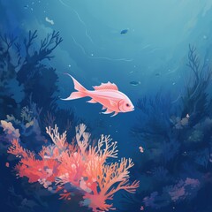 Wall Mural - Painting of a fish in a coral reef minimal wallpaper Ai generated art