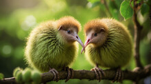 A Closeup Of A Couple Of Kiwi Sitting On A Branch With A Defocused Background - AI Generative