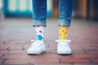 Legs with different pair of socks and white sneakers standing in the street outdoors. Kid foots in mismatched socks. Odd Socks day, Anti-Bullying Week, Down syndrome awareness concept
