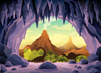 Cave landscape. Summer nature scene of cave entrance. Prehistoric dungeon, rock cavern game illustration. Vector illustration of tunnel in mountain or mine in rocks