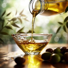 Pouring olive oil with a work of art in the background Ai generated Realistic Photo