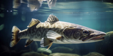 Fishing. Close-up shut of a zander fish under water. Generative AI