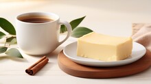A Cup Of Coffee On A Saucer, Next To It There Is A Piece Of Butter And Cinnamon Sticks. Buttered Coffee Is A Very Satisfying Drink That Increases Energy Levels And Reduces Appetite.