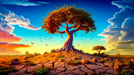 Wall Mural - Painting of tree in the middle of desert with birds flying around.