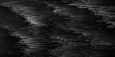 Black pixel sorting glitch style background. Pixelated black noisy background. Video distortion effect. Dark VHS retro pixel art texture with flickering horizontal lines. Vector background