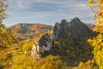 Wall Mural - View of autumn landscape with The Lednica medieval castle in the White Carpathian Mountains, Slovakia, Europe.