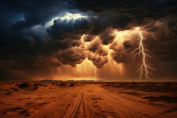 Wall Mural - A dynamic lightning storm illuminating a desert sky, showcasing the intersection of arid environments and atmospheric drama. Concept of desert storms and electrifying displays. Generative Ai.