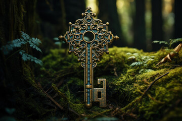 Poster - A rustic key in an antique keyhole, hinting at the mysteries and secrets waiting to be unlocked. Concept of discovery and curiosity. Generative Ai.
