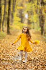 Wall Mural - Fashion little girl walking in autumn forest. Cute little girl in a yellow dress walks in a beautiful autumn park, stands on the background of bright colorful foliage.