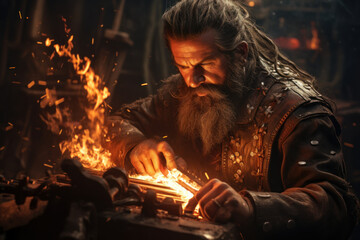 Poster - A skilled blacksmith meticulously hammers a red-hot piece of iron, shaping it into a precisely crafted work of metal art. Blacksmith at work. Generative Ai.