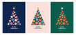 Vector set of Christmas greeting cards, banners, backgrounds with stylised Christmas trees. Templates for vertical posters, paper bags, social media posts in flat style.