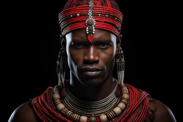 Sticker - A resilient Maasai warrior from Kenya, adorned in traditional attire and jewelry, symbolizes the strength and endurance of African heritage. Generative Ai.