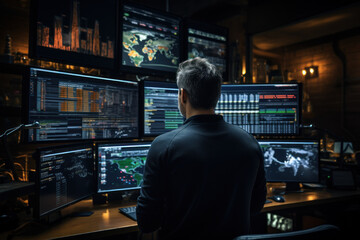 Aufkleber - a busy stock trader monitors multiple screens, capturing the intensity and precision required in the