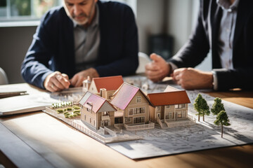 Poster - A financial advisor discussing mortgage refinancing options with a client. Concept of loan restructuring and financial goals. Generative Ai.