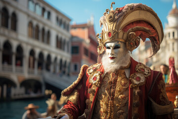 Wall Mural - The stunning architecture of Venice serving as a backdrop to a lively Carnival procession, combining history with festivity. Generative Ai.