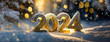 Happy New Year 2024 golden background. Numbers on snow in winter forest. Holidays card with bright lights and Christmas ball.