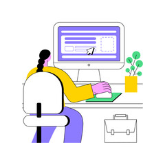 Poster - Online application isolated cartoon vector illustrations. Woman fills out a form for a business loan using computer, getting startup capital, online lender, credit score vector cartoon.