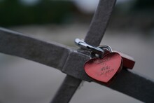 Closeup Of A Heart-shaped Lock On A Bridge As A Concept Of Eternal Love